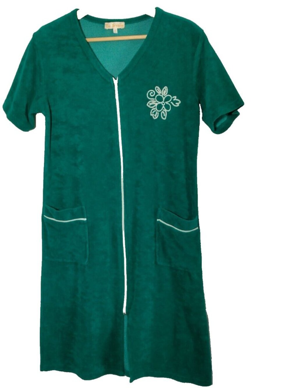 Vintage La Serren Swim Cover Up House Dress Small Jade Green Zip Flower Lounge